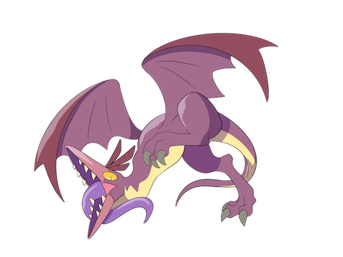 Snallygaster illustration — a purple dragon-like cryptid with wide wings, glowing eyes, and fangs in a dynamic pose. Artwork by Giodude1580.